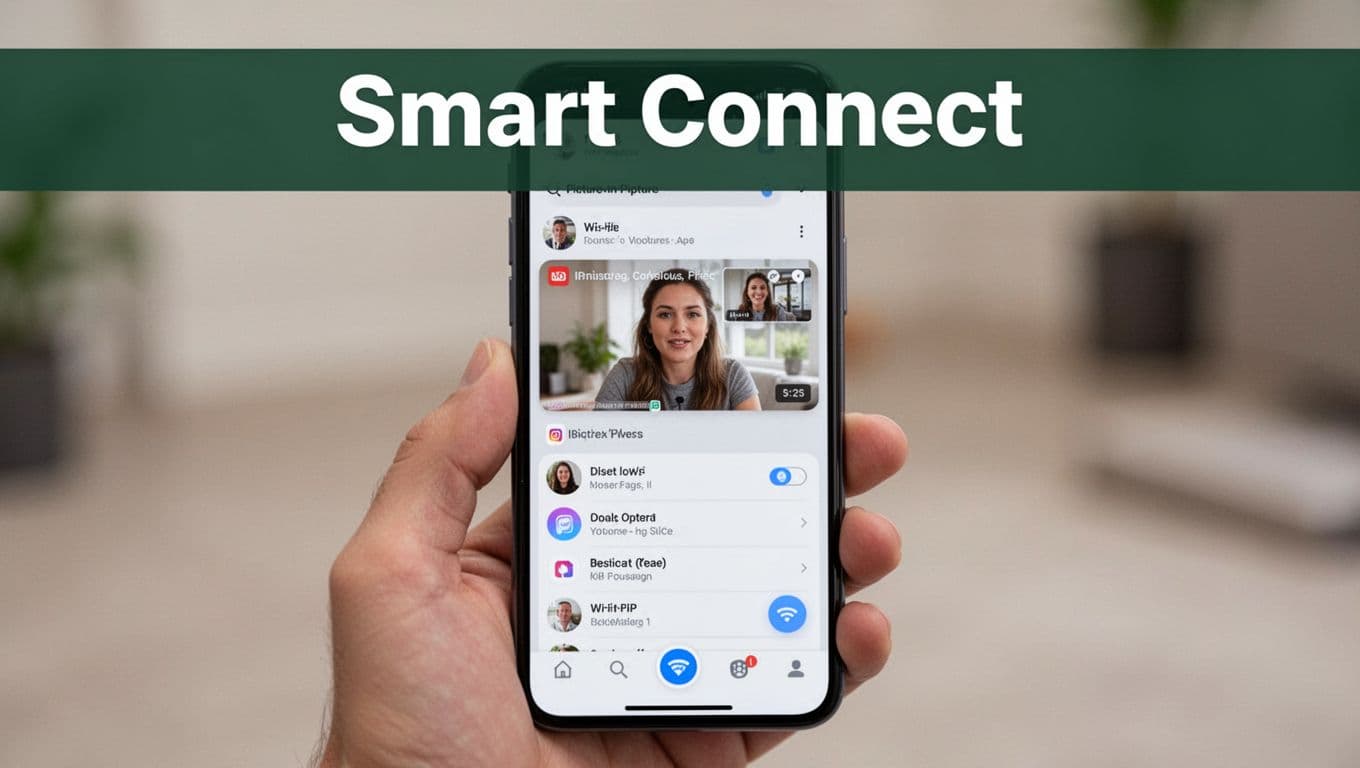 Smartphone screen held in hand displaying Picture-in-Picture mode with a small video overlay on another app, featuring a bold muted dark-green 'Smart Connect' headline band at the top.