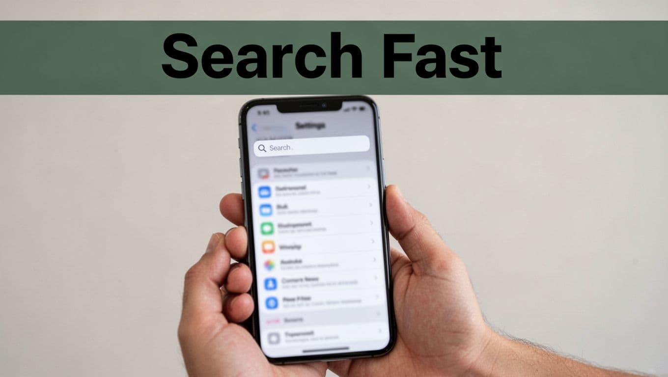 Modern smartphone held relaxed in one hand displays open Settings menu with prominent search bar at top of screen and bold 'Search Fast' headline on dark-green band, neutral background, screen content blurred.