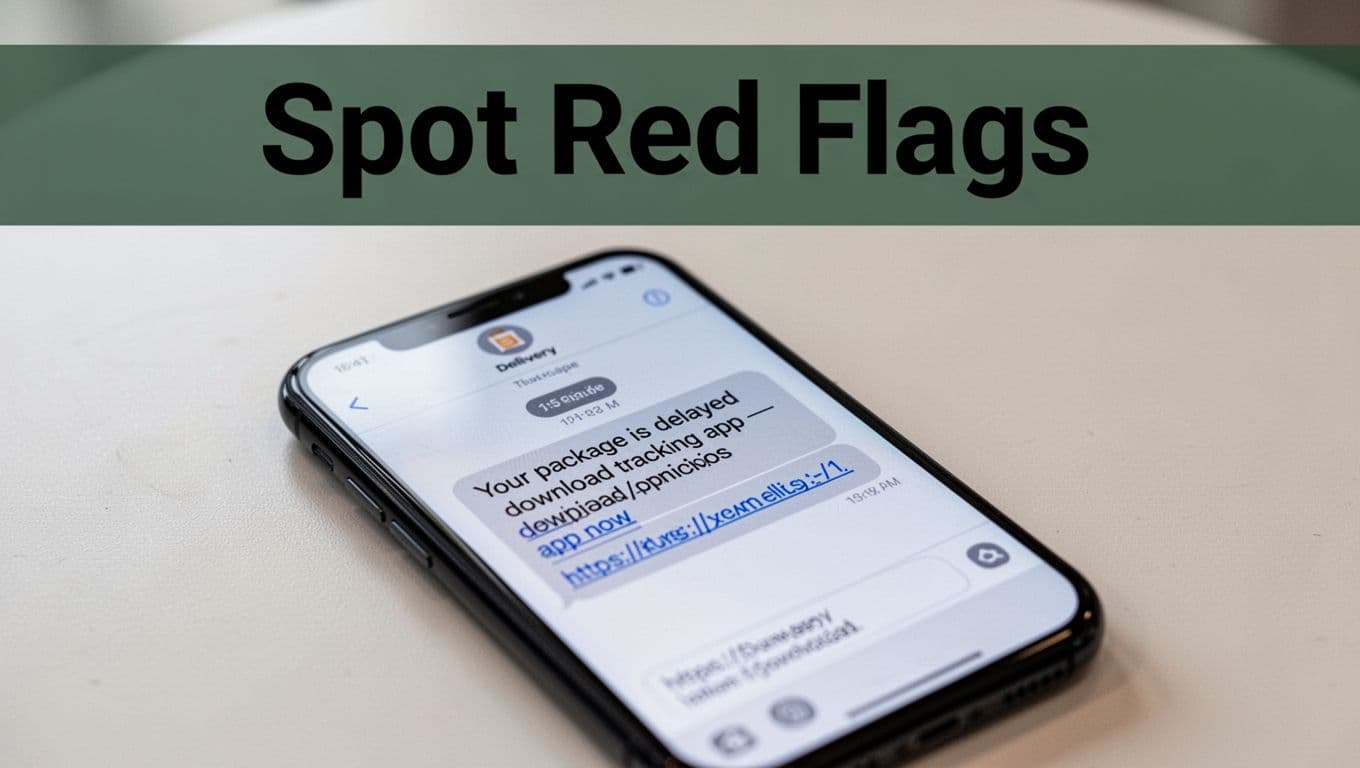 Smartphone screen at slight angle on plain table showing urgent smishing text from fake delivery service with suspicious link, realistic daylight photo, bold headline 'Spot Red Flags' on dark-green band.