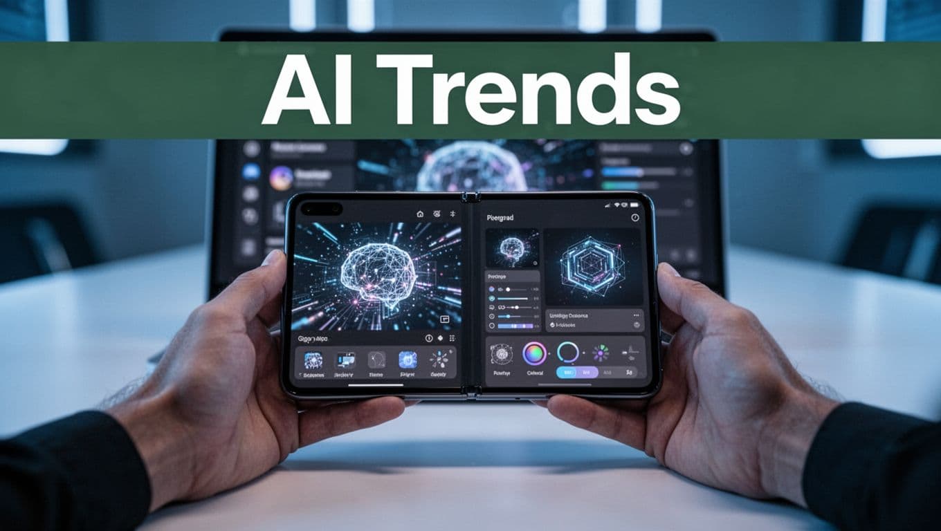 A modern unfolded foldable smartphone rests on a table with hands partially obscured, displaying a blurred AI photo editing interface under soft blue lighting. Bold 'AI Trends' headline in dark green editorial style spans the top in a futuristic realistic composition.